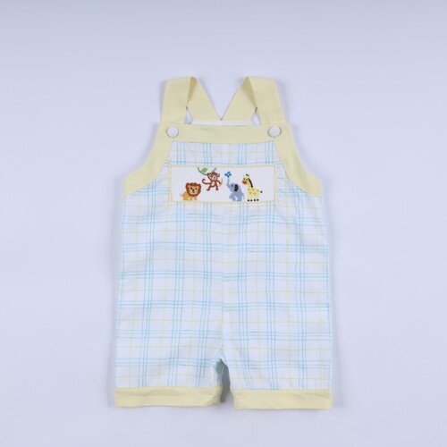 Animal hand smocked boy plaid shortall – BB3071A